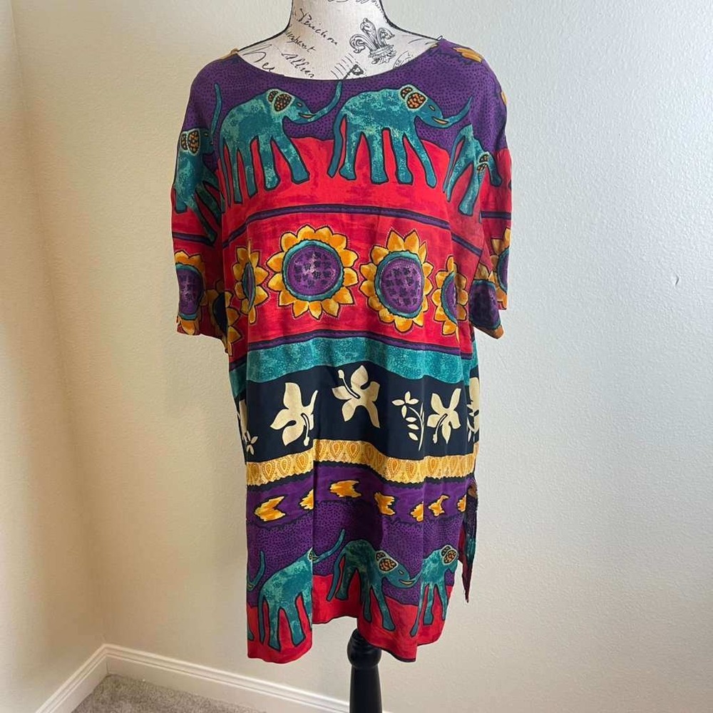 Vintage Jessica Howard Elephant Sunflower Print Rayon Tunic Dress Womens 12 USA‎